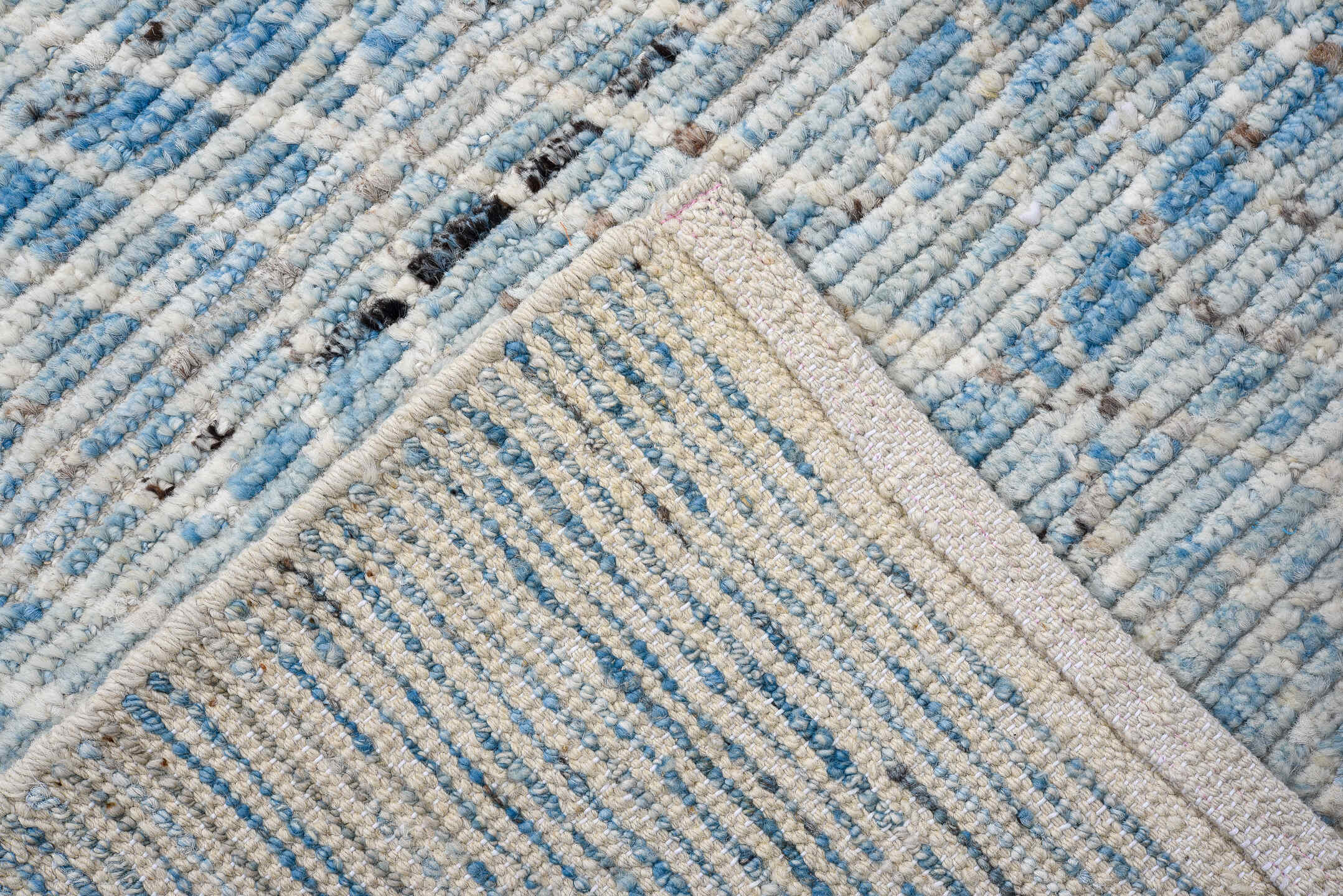 3' x 16' one-of-a-kind handmade vintage Tulu runner rug. Color palette: ivory, sky blue, slate, charcoal, light gray