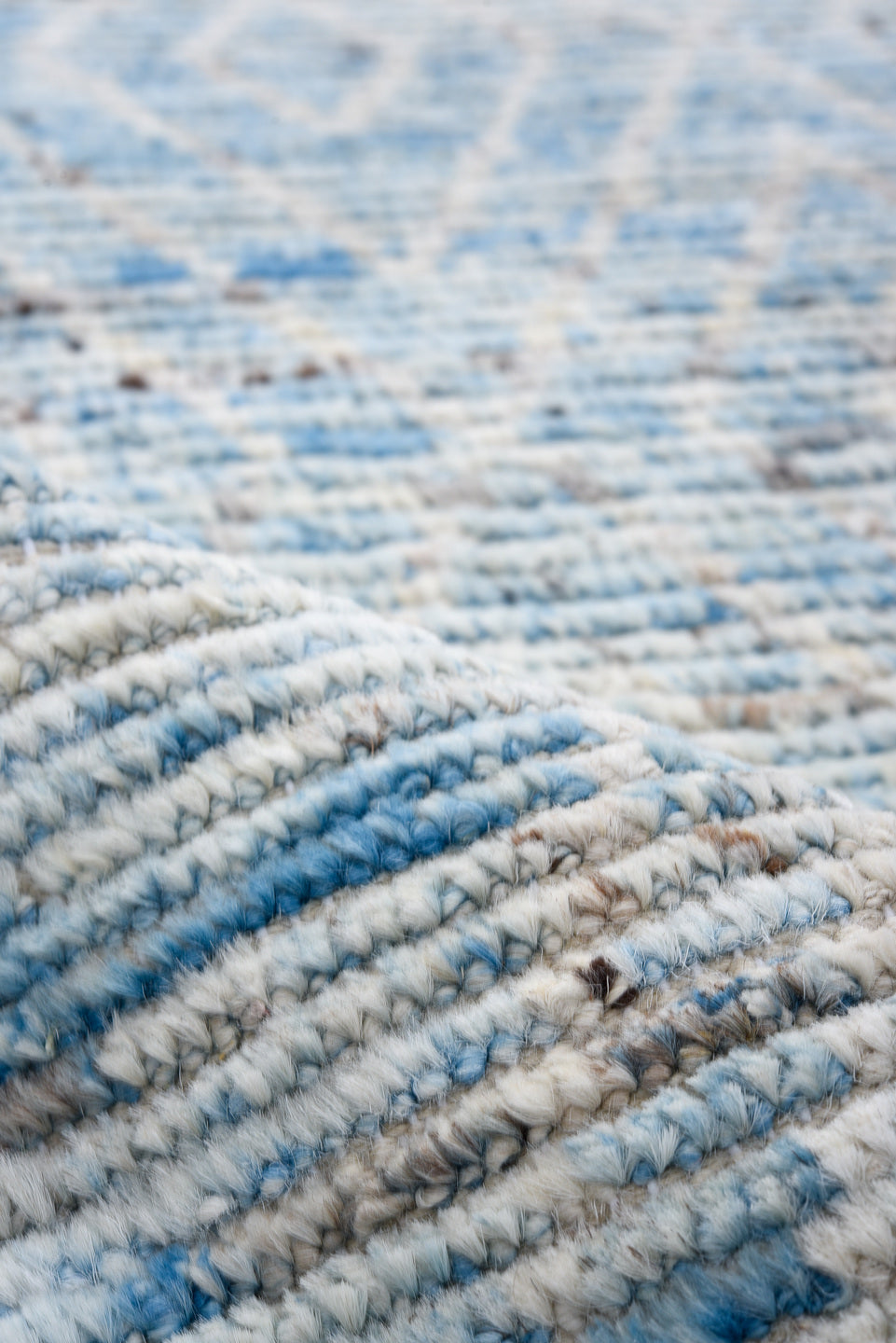 3' x 16' one-of-a-kind handmade vintage Tulu runner rug. Color palette: ivory, sky blue, slate, charcoal, light gray