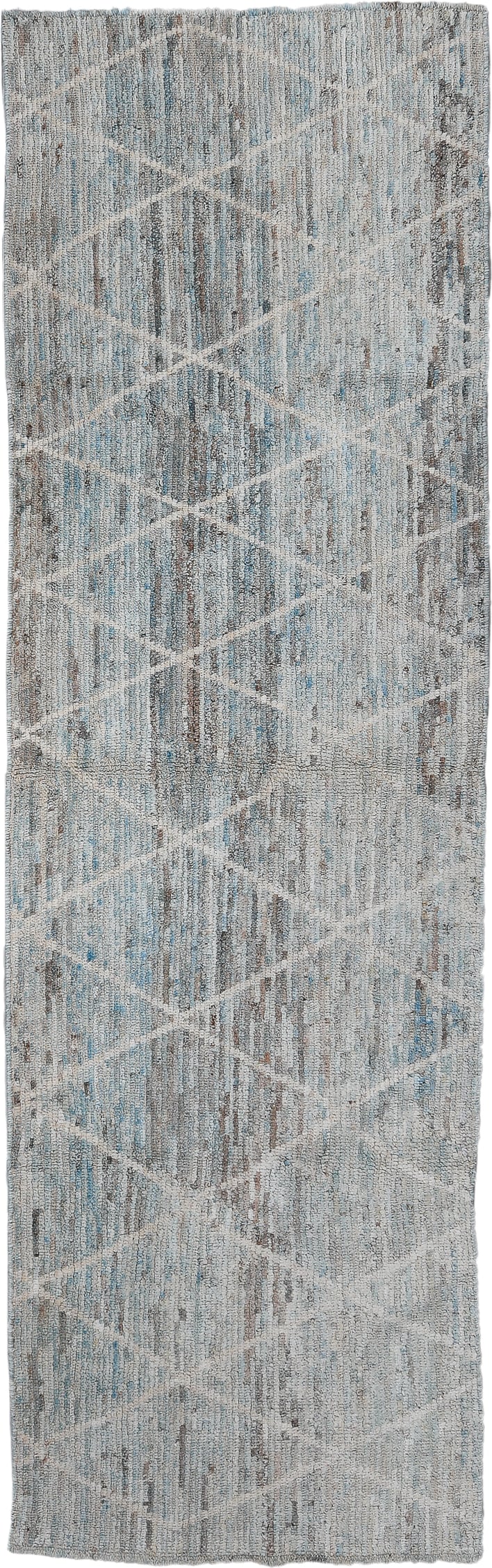3' x 10' one-of-a-kind handmade vintage Tulu runner rug. Color palette: light blue, ivory, gray, taupe, charcoal, beige
