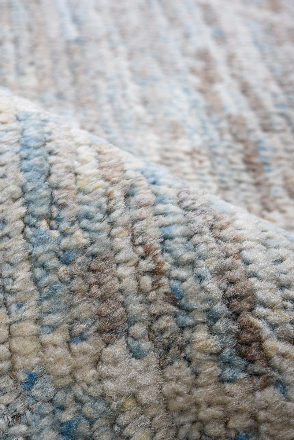 3' x 10' one-of-a-kind handmade vintage Tulu runner rug. Color palette: light blue, ivory, gray, taupe, charcoal, beige