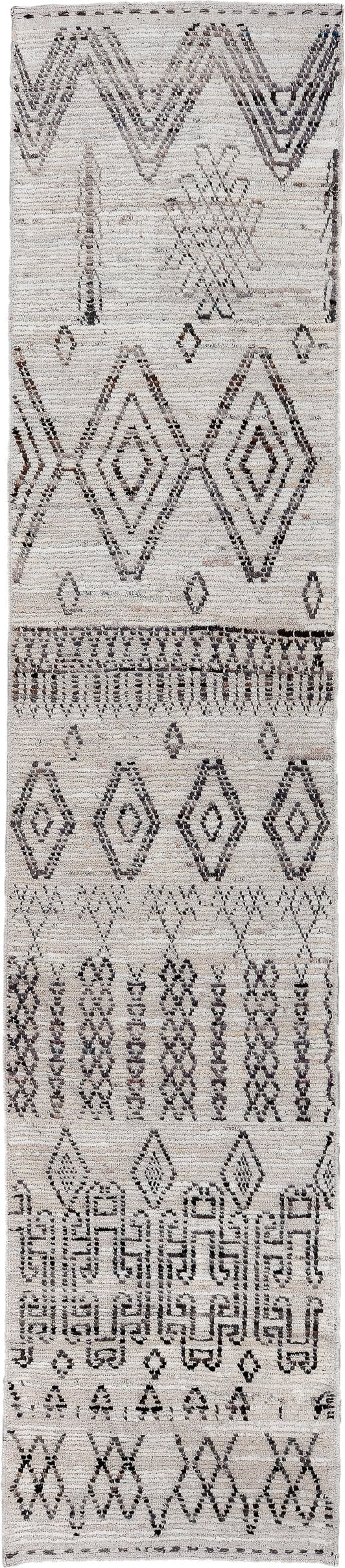 2' x 13' one-of-a-kind handmade vintage Tulu runner rug. Color palette: ivory, charcoal, taupe, brown, gray, black, beige