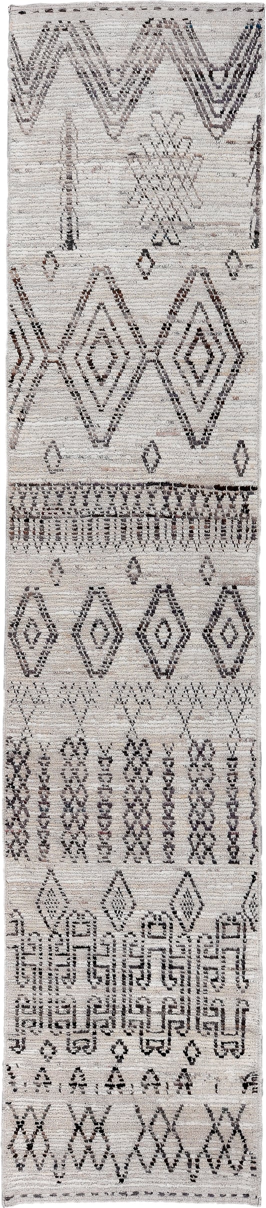 2' x 13' one-of-a-kind handmade vintage Tulu runner rug. Color palette: ivory, charcoal, taupe, brown, gray, black, beige