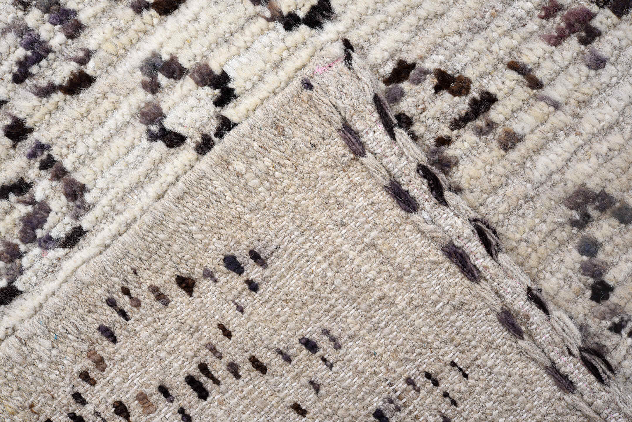 2' x 13' one-of-a-kind handmade vintage Tulu runner rug. Color palette: ivory, charcoal, taupe, brown, gray, black, beige