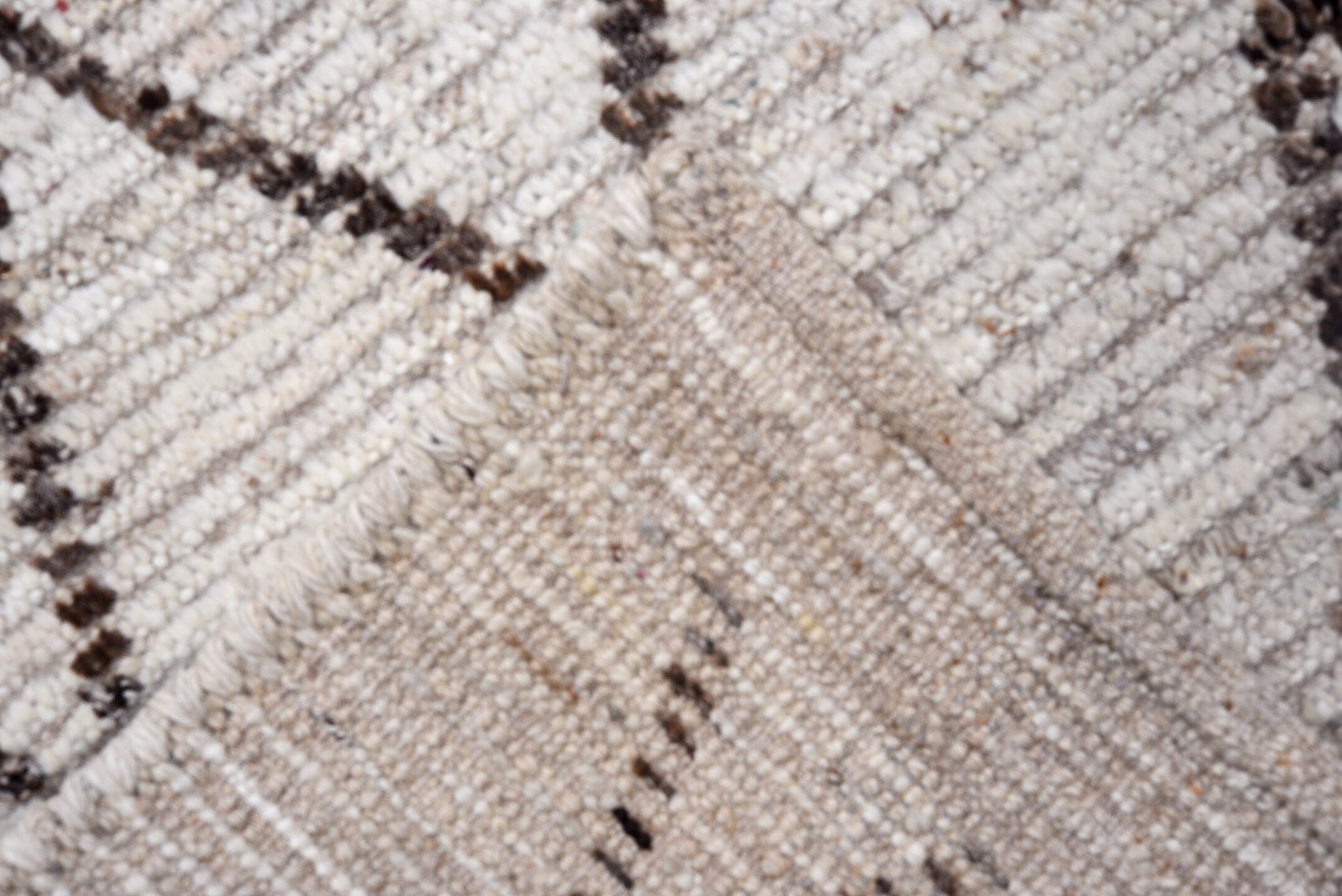 3' x 16' one-of-a-kind handmade vintage Tulu runner rug. Color palette: ivory, brown, taupe, charcoal, beige, gray, black
