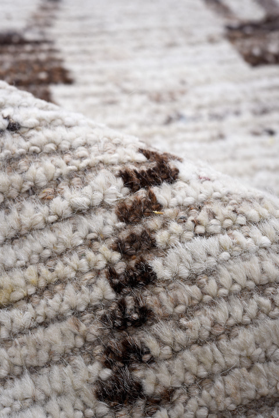 3' x 16' one-of-a-kind handmade vintage Tulu runner rug. Color palette: ivory, brown, taupe, charcoal, beige, gray, black