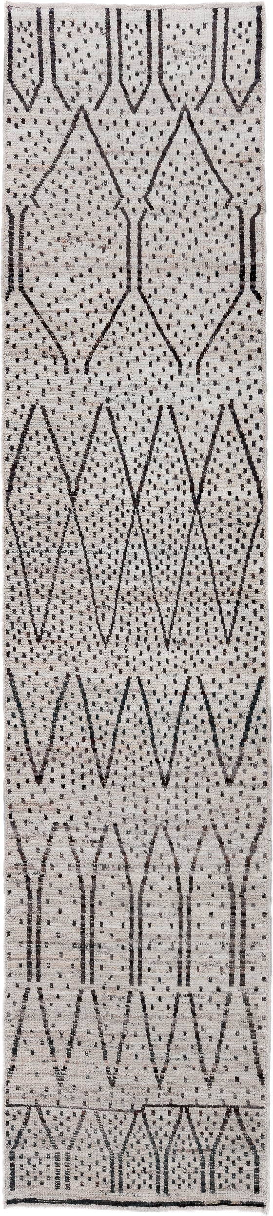 3' x 16' one-of-a-kind handmade vintage Tulu runner rug. Color palette: ivory, charcoal, taupe, gray, black, beige