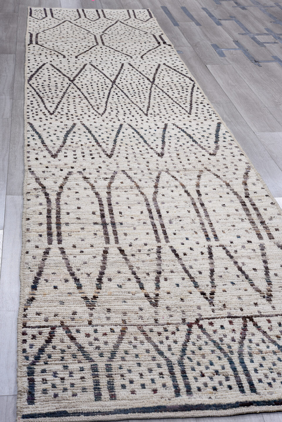 3' x 16' one-of-a-kind handmade vintage Tulu runner rug. Color palette: ivory, charcoal, taupe, gray, black, beige