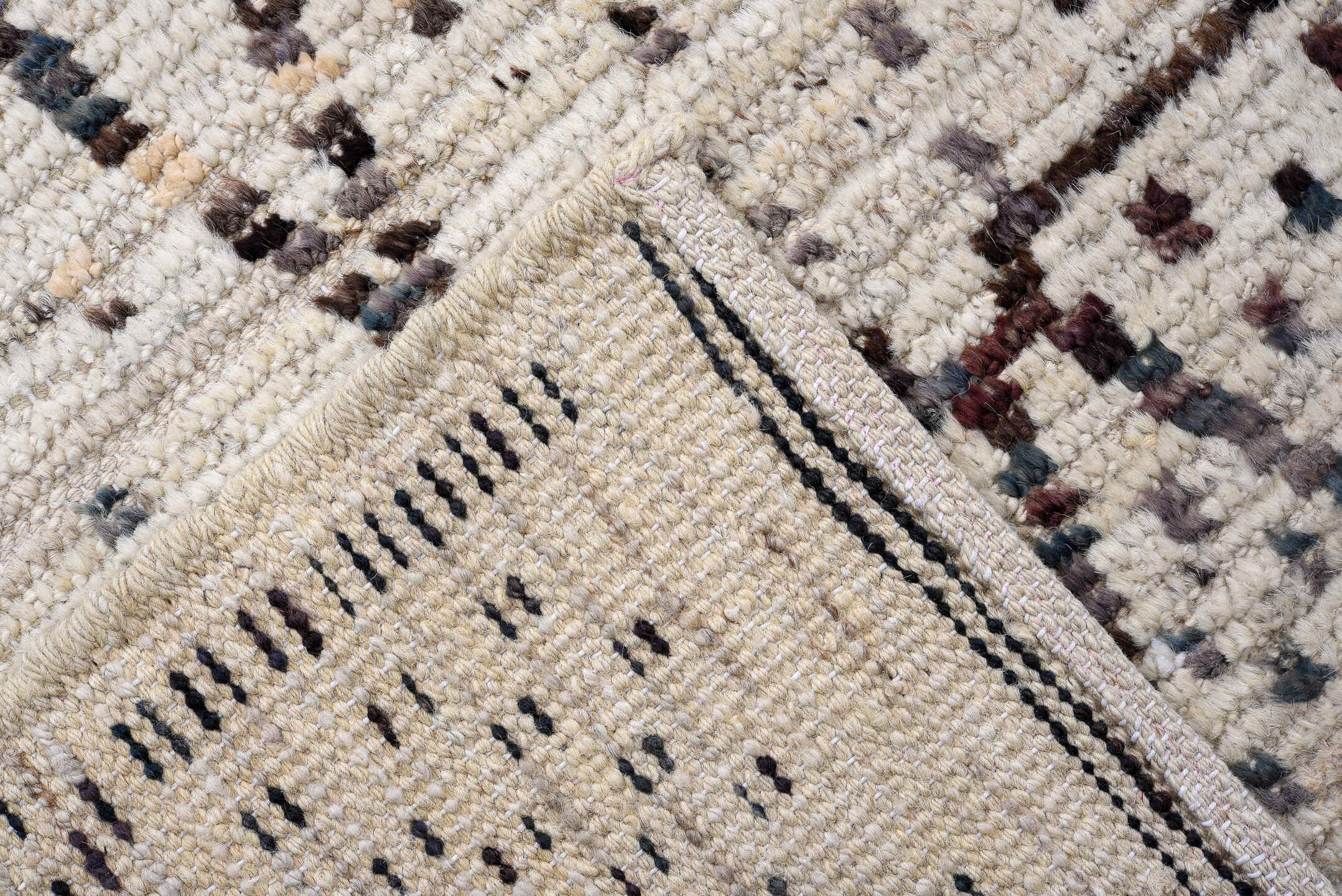 3' x 16' one-of-a-kind handmade vintage Tulu runner rug. Color palette: ivory, charcoal, taupe, gray, black, beige