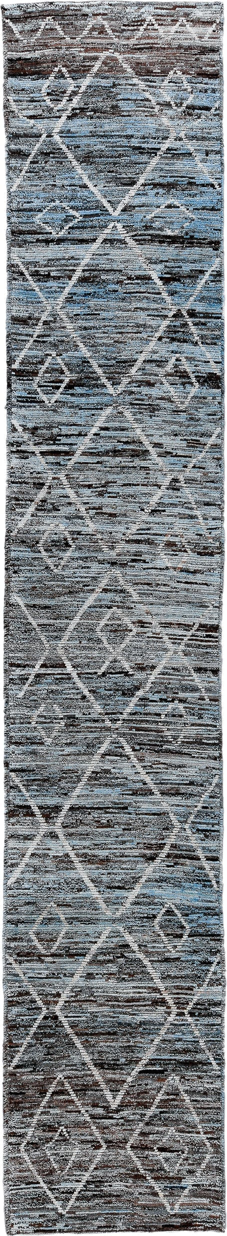 2' x 15' one-of-a-kind handmade vintage Tulu runner rug. Color palette: gray, charcoal, ivory, slate, sky blue, taupe, black