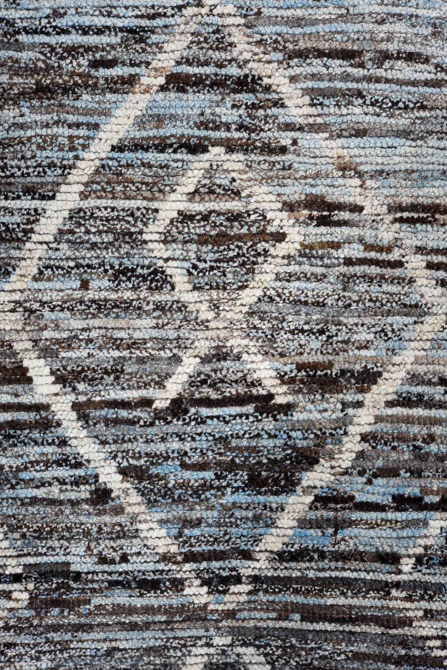 2' x 15' one-of-a-kind handmade vintage Tulu runner rug. Color palette: gray, charcoal, ivory, slate, sky blue, taupe, black