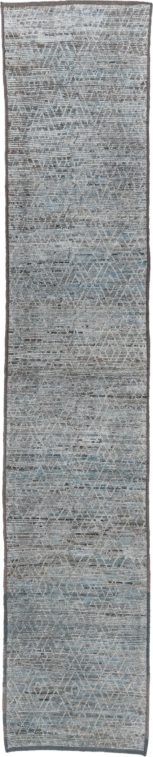 3' x 16' one-of-a-kind handmade vintage Tulu runner rug. Color palette: gray, blue, ivory, charcoal, black