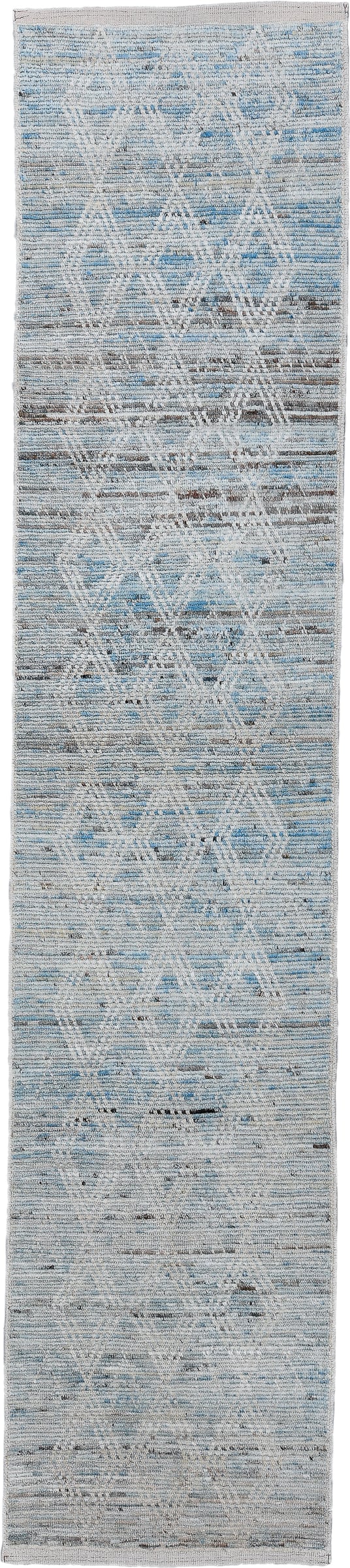 2' x 13' one-of-a-kind handmade vintage Tulu runner rug. Color palette: light blue, ivory, gray, charcoal, taupe, black