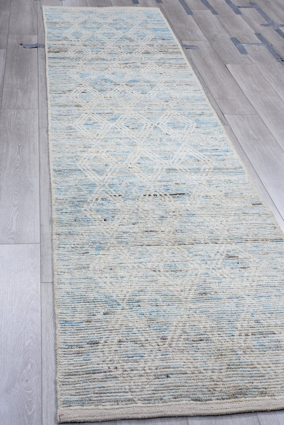 2' x 13' one-of-a-kind handmade vintage Tulu runner rug. Color palette: light blue, ivory, gray, charcoal, taupe, black