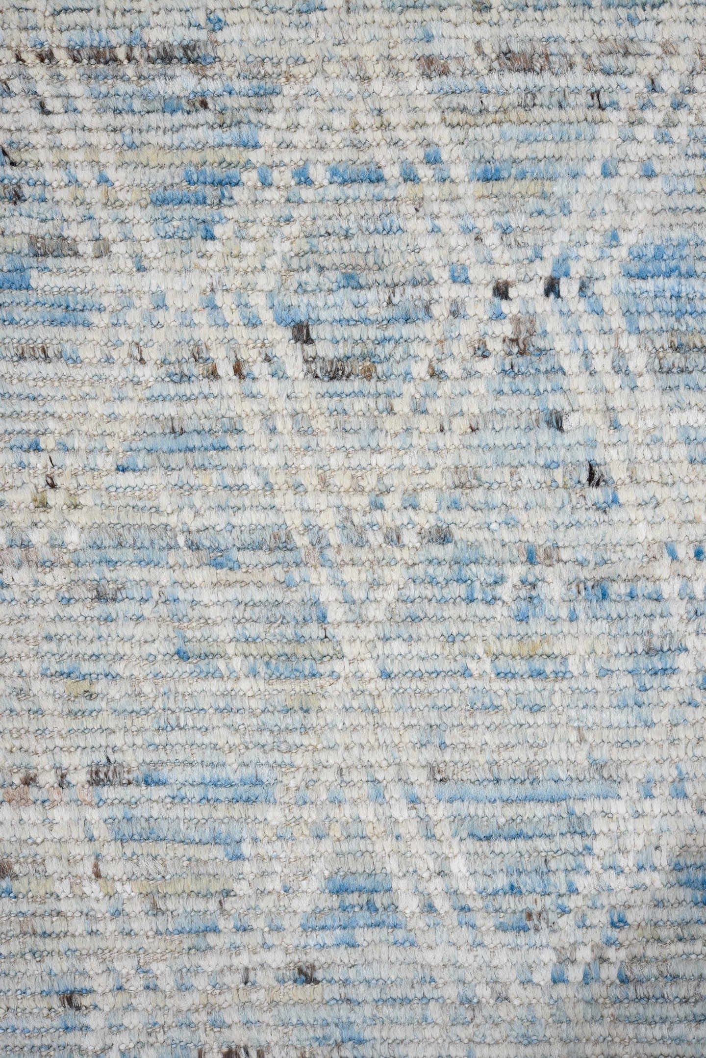 2' x 13' one-of-a-kind handmade vintage Tulu runner rug. Color palette: light blue, ivory, gray, charcoal, taupe, black
