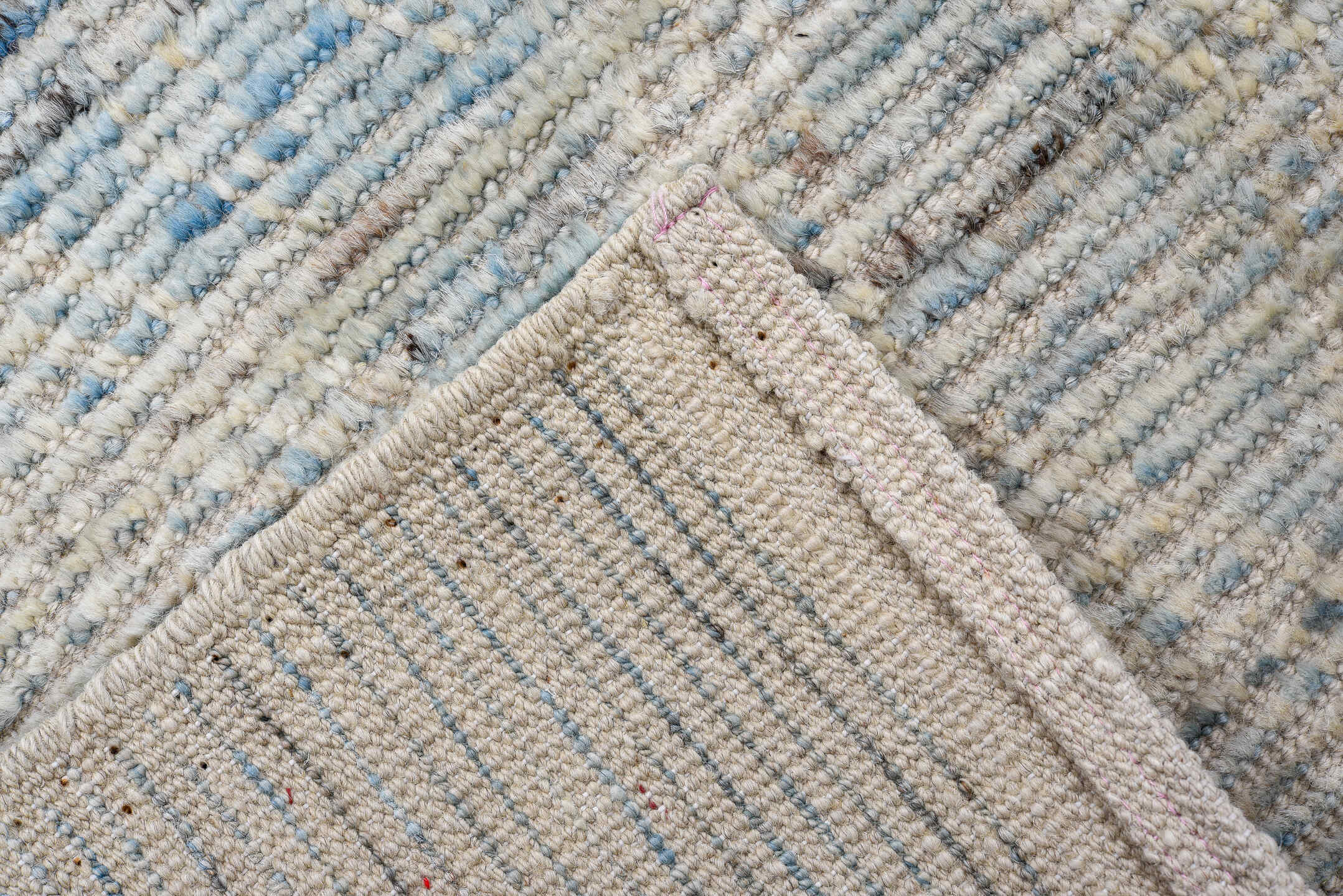 2' x 13' one-of-a-kind handmade vintage Tulu runner rug. Color palette: light blue, ivory, gray, charcoal, taupe, black