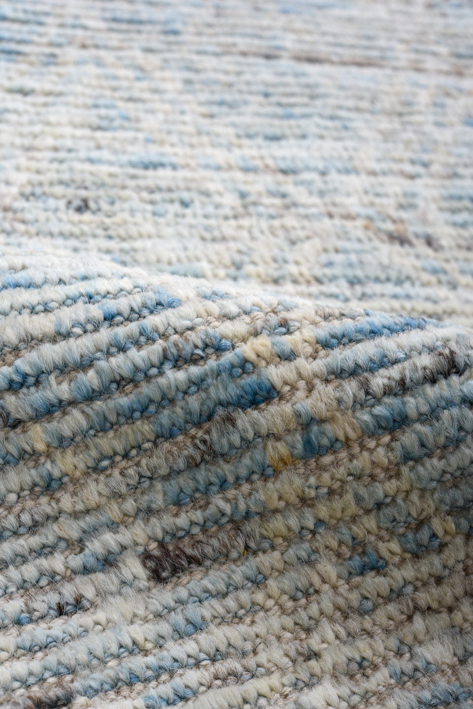 2' x 13' one-of-a-kind handmade vintage Tulu runner rug. Color palette: light blue, ivory, gray, charcoal, taupe, black