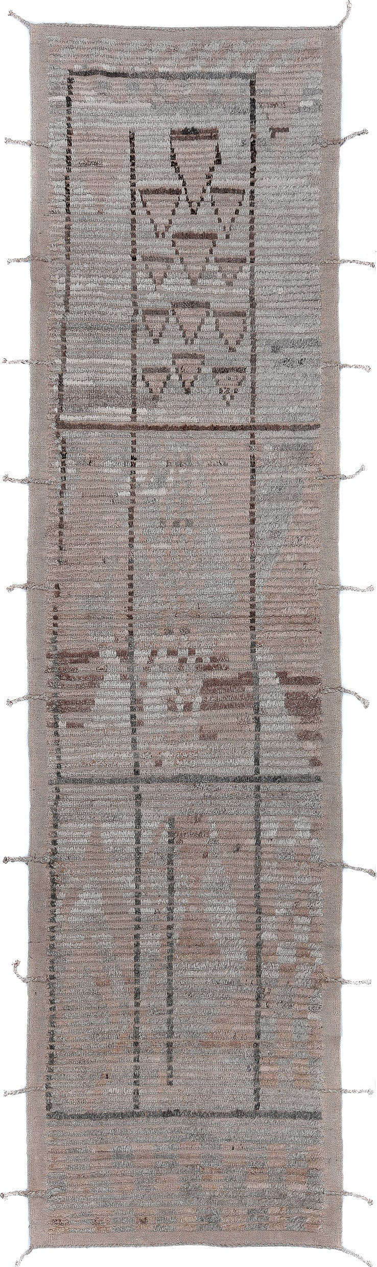 3' x 12' one-of-a-kind handmade vintage Tulu runner rug. Color palette: taupe, ivory, brown, gray, camel, beige