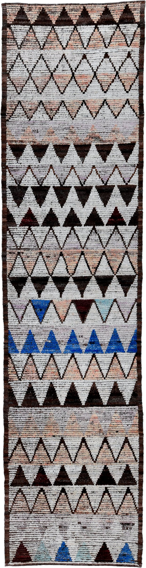 3' x 12' one-of-a-kind handmade vintage Tulu runner rug. Color palette: ivory, brown, charcoal, blush, cobalt, burgundy
