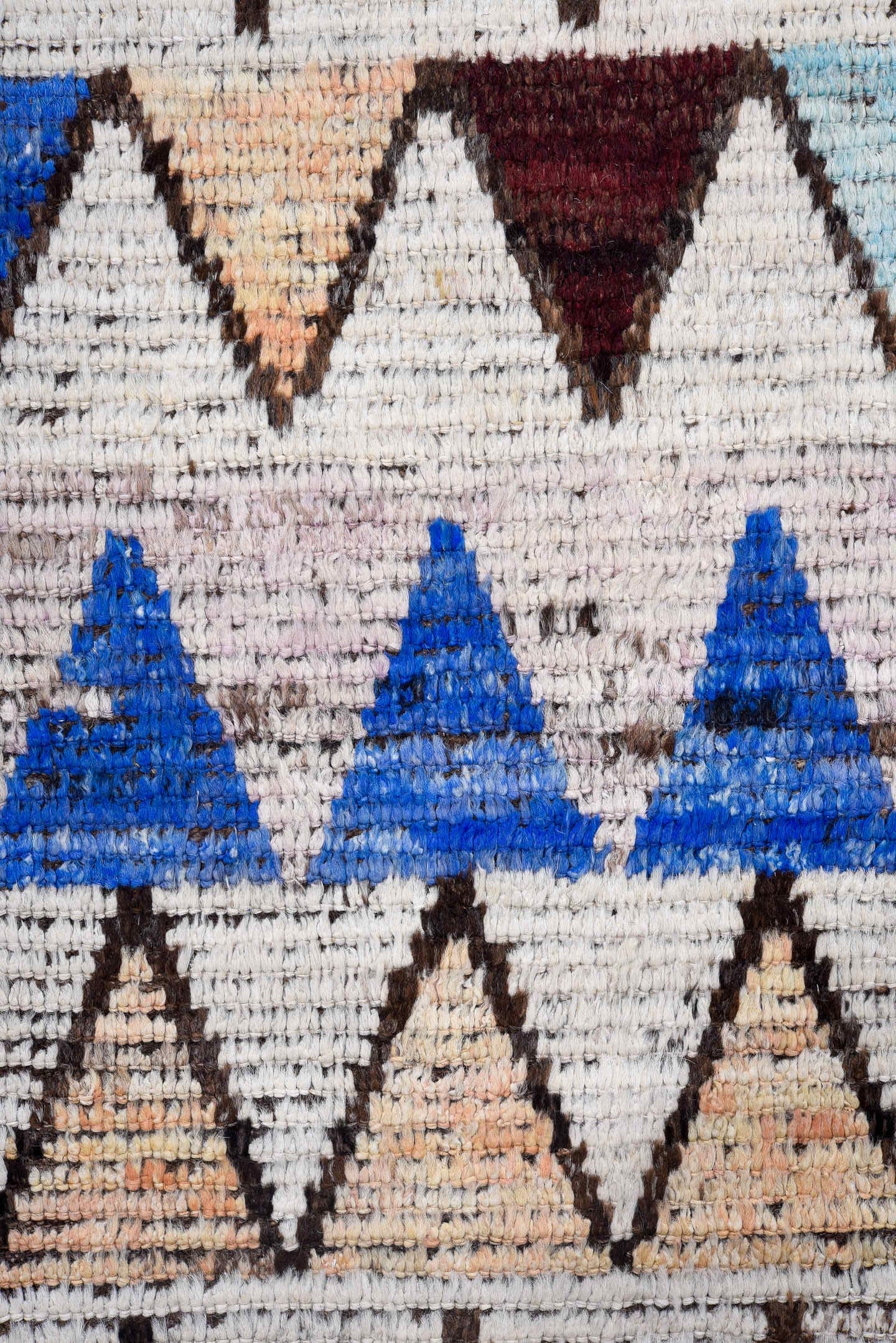 3' x 12' one-of-a-kind handmade vintage Tulu runner rug. Color palette: ivory, brown, charcoal, blush, cobalt, burgundy