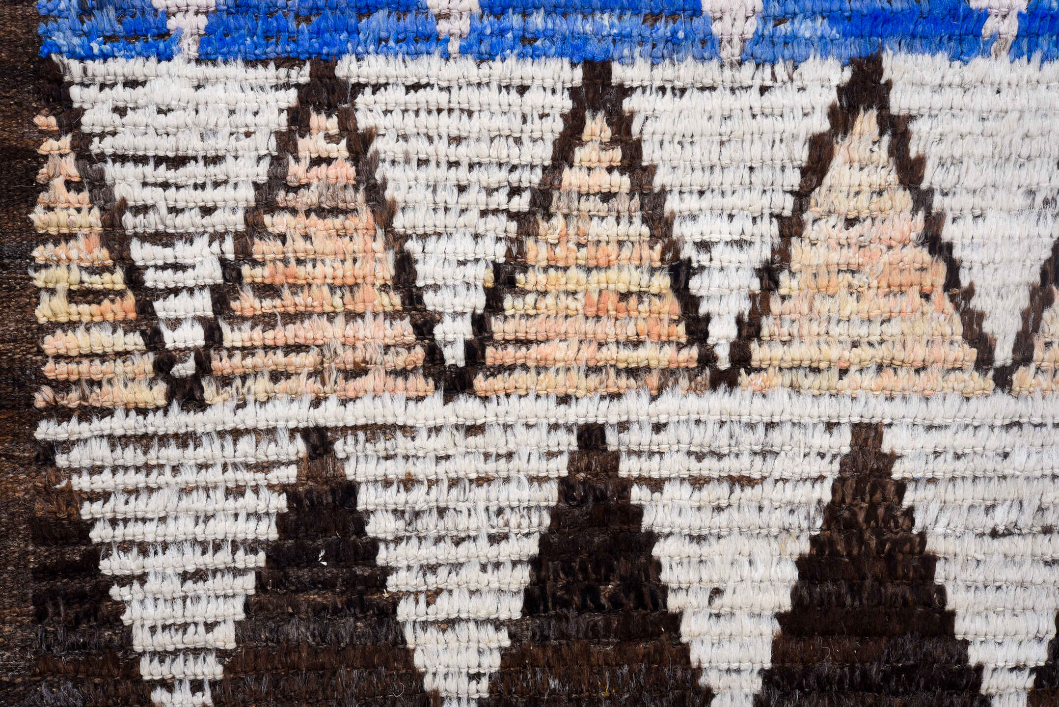 3' x 12' one-of-a-kind handmade vintage Tulu runner rug. Color palette: ivory, brown, charcoal, blush, cobalt, burgundy