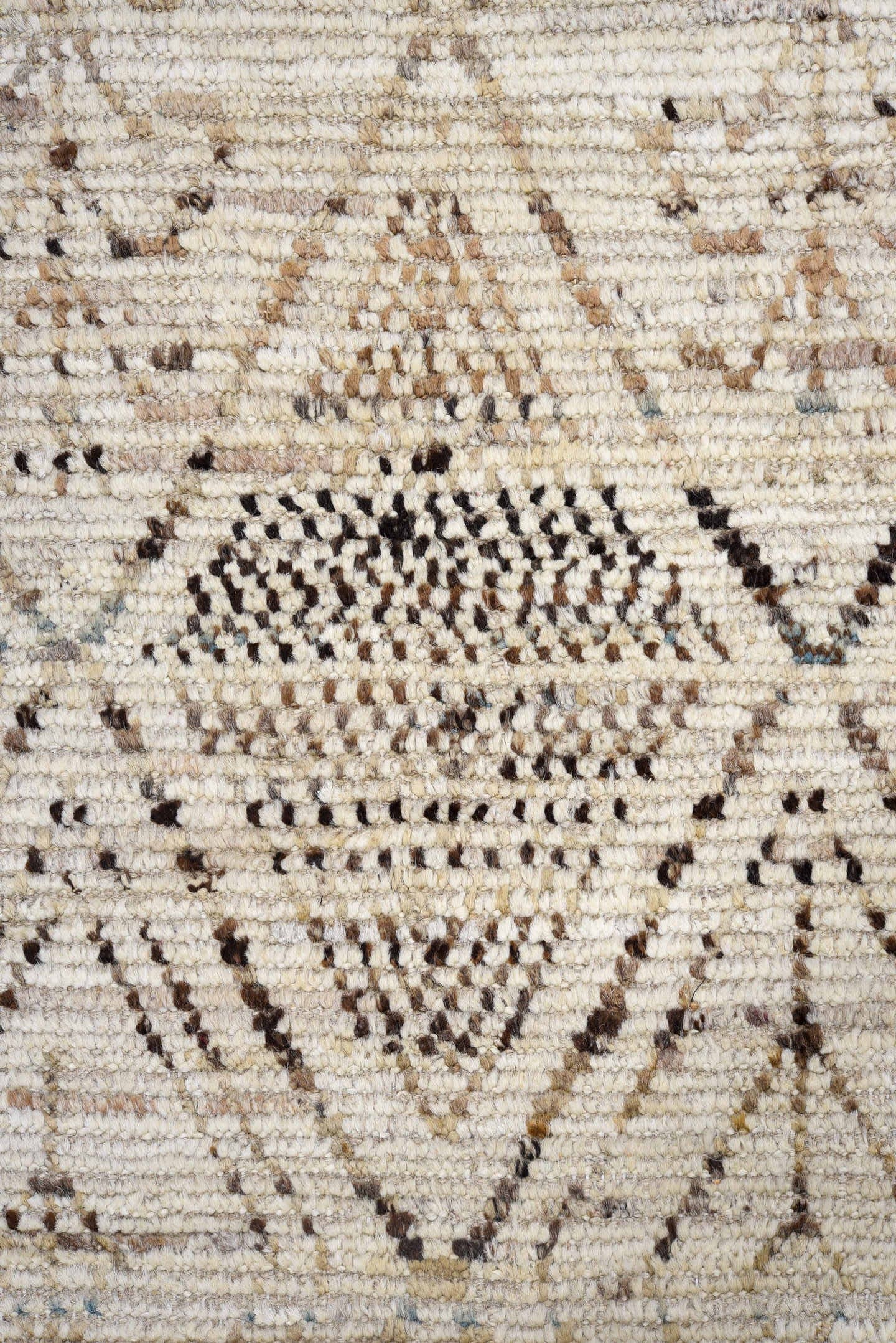 4' x 16' one-of-a-kind handmade vintage Tulu runner rug. Color palette: ivory, taupe, charcoal, brown, slate, beige, gray