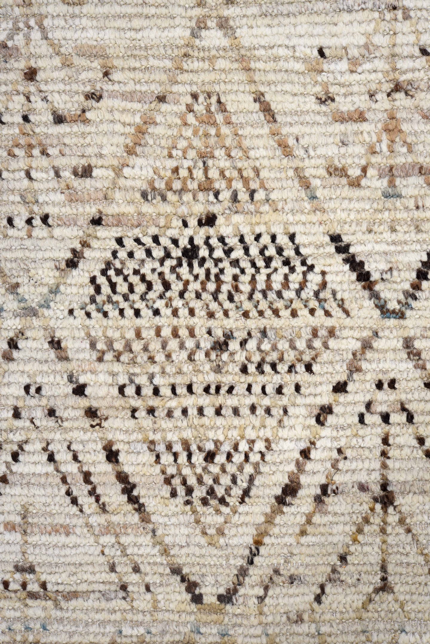 4' x 16' one-of-a-kind handmade vintage Tulu runner rug. Color palette: ivory, taupe, charcoal, brown, slate, beige, gray