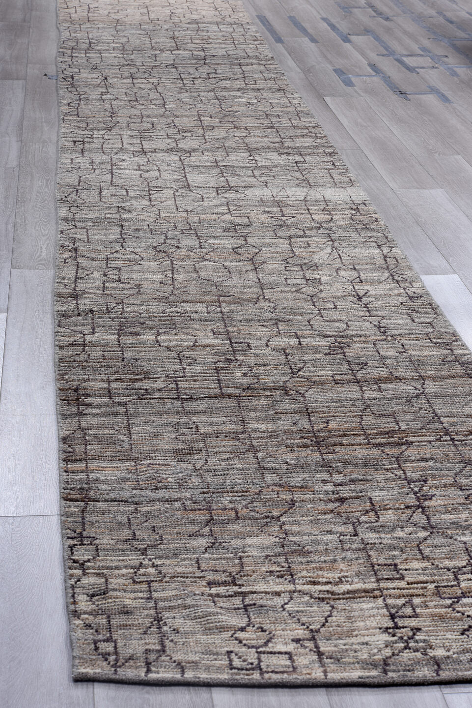 3' x 19' one-of-a-kind handmade vintage Tulu runner rug. Color palette: gray, charcoal, taupe, rose, black, beige, pink, red