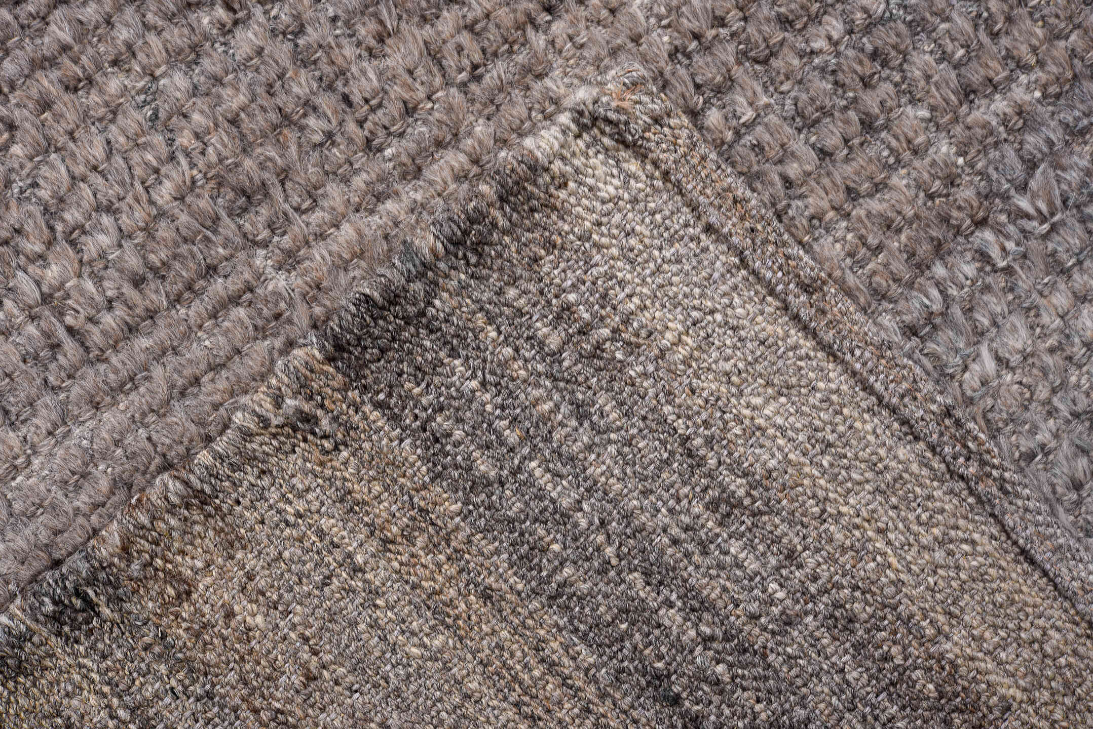 3' x 12' one-of-a-kind handmade vintage Tulu runner rug. Color palette: gray, taupe, charcoal, ivory, beige, black