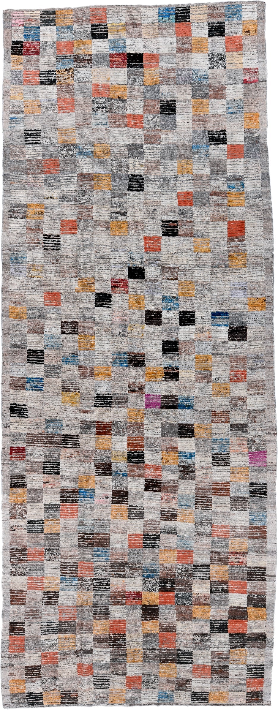 5' x 14' one-of-a-kind handmade vintage Tulu rug. Color palette: ivory, gray, charcoal, coral, saffron, taupe, sky_blue