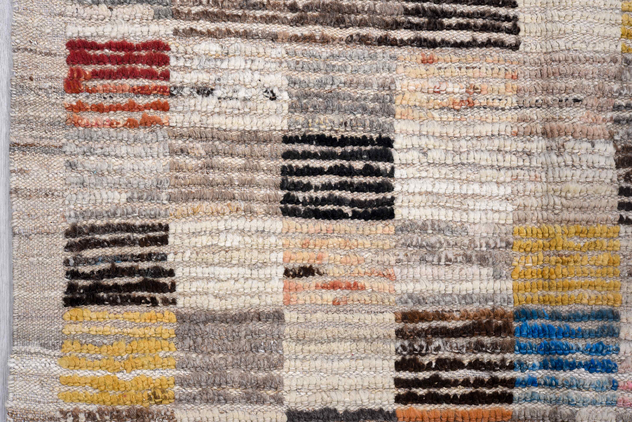5' x 14' one-of-a-kind handmade vintage Tulu rug. Color palette: ivory, gray, charcoal, coral, saffron, taupe, sky_blue