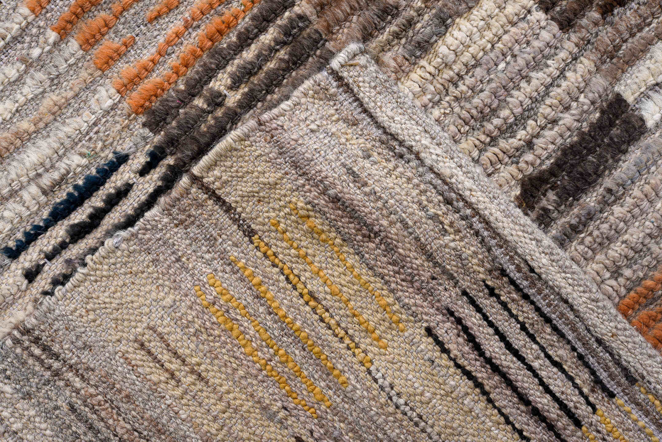 5' x 14' one-of-a-kind handmade vintage Tulu rug. Color palette: ivory, gray, charcoal, coral, saffron, taupe, sky_blue