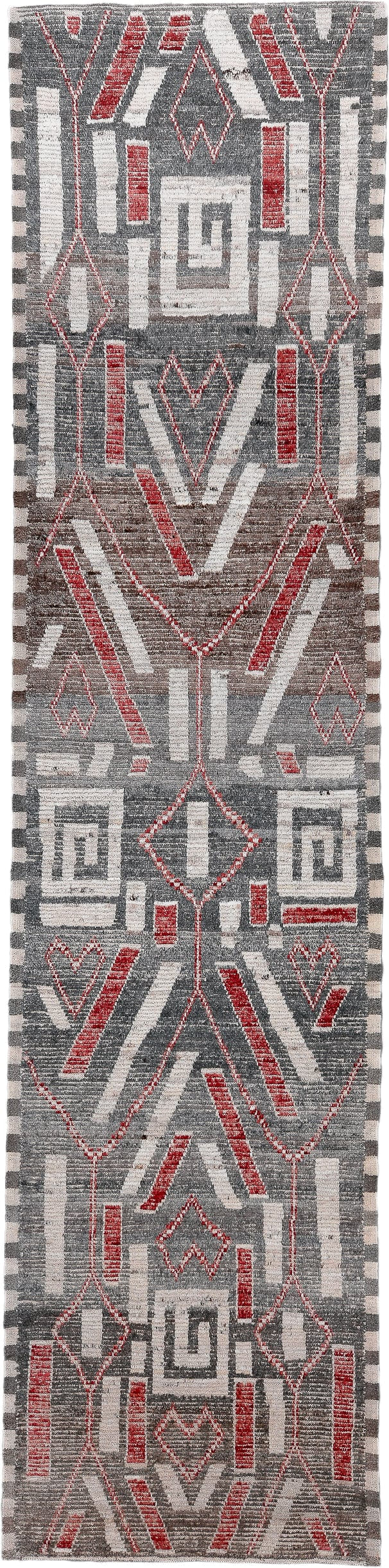 3' x 15' one-of-a-kind handmade vintage Tulu runner rug. Color palette: gray, ivory, red, taupe, charcoal, beige, black