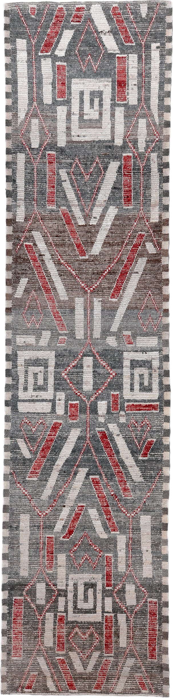 3' x 15' one-of-a-kind handmade vintage Tulu runner rug. Color palette: gray, ivory, red, taupe, charcoal, beige, black