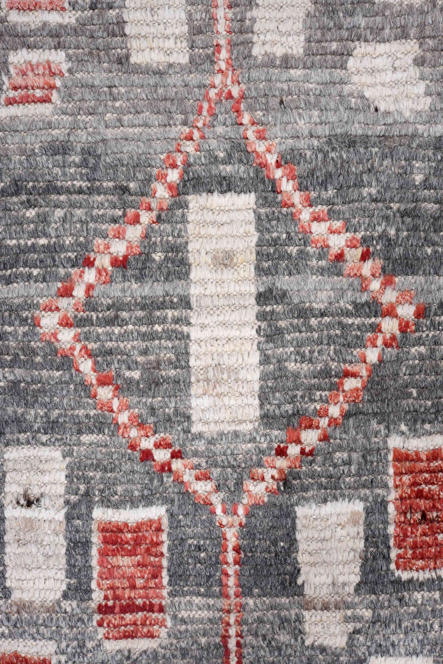 3' x 15' one-of-a-kind handmade vintage Tulu runner rug. Color palette: gray, ivory, red, taupe, charcoal, beige, black