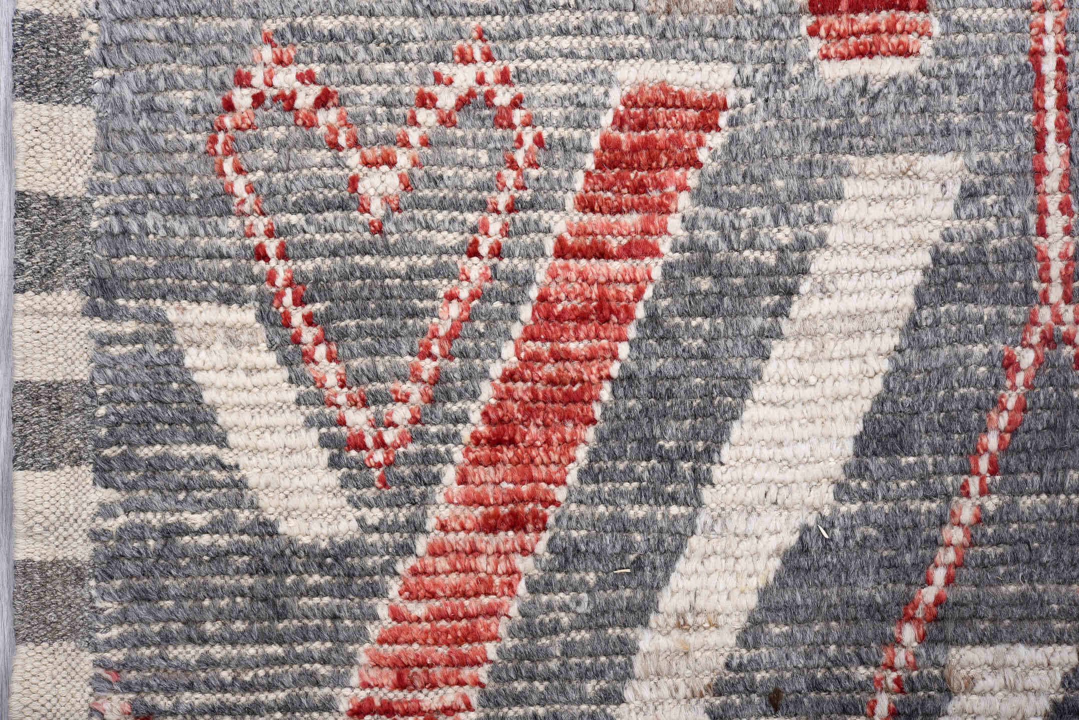 3' x 15' one-of-a-kind handmade vintage Tulu runner rug. Color palette: gray, ivory, red, taupe, charcoal, beige, black