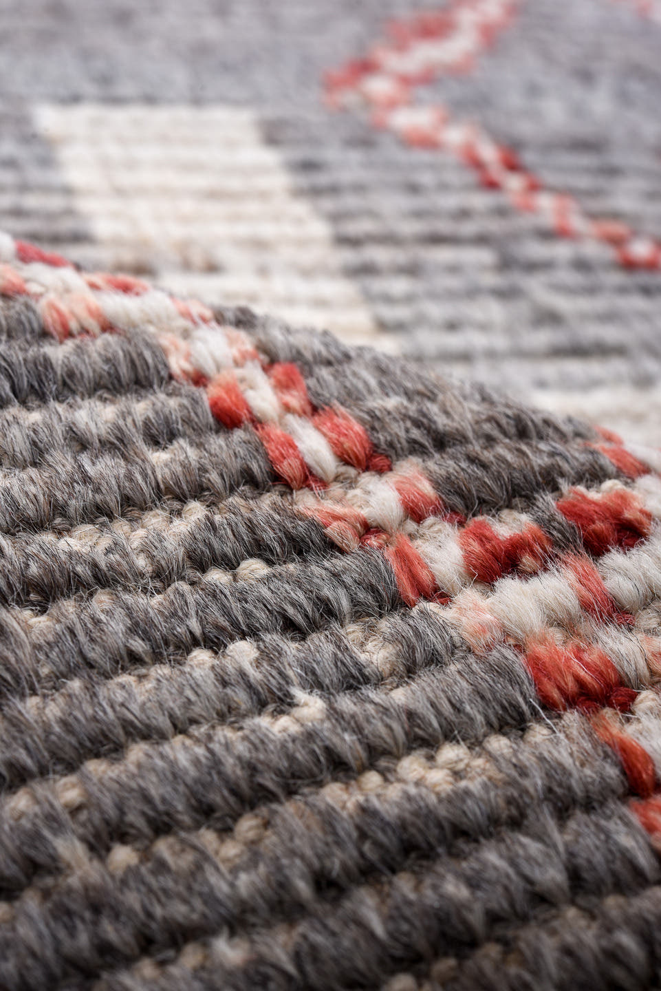 3' x 15' one-of-a-kind handmade vintage Tulu runner rug. Color palette: gray, ivory, red, taupe, charcoal, beige, black