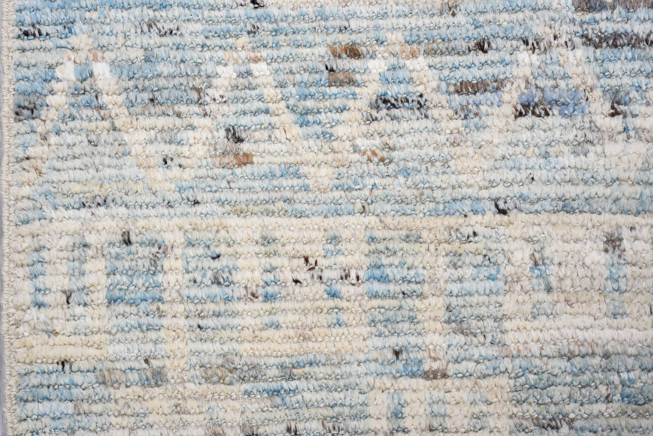 3' x 13' one-of-a-kind handmade vintage Tulu runner rug. Color palette: ivory, pale blue, light gray, taupe, charcoal
