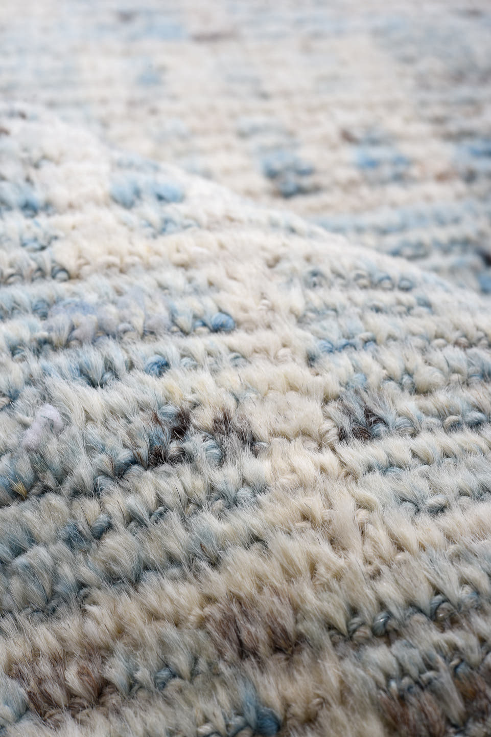 3' x 13' one-of-a-kind handmade vintage Tulu runner rug. Color palette: ivory, pale blue, light gray, taupe, charcoal