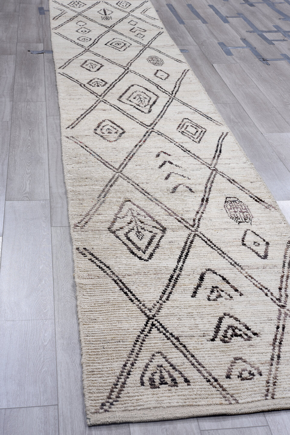2' x 16' one-of-a-kind handmade vintage Tulu runner rug. Color palette: ivory, charcoal, taupe, gray, black, beige