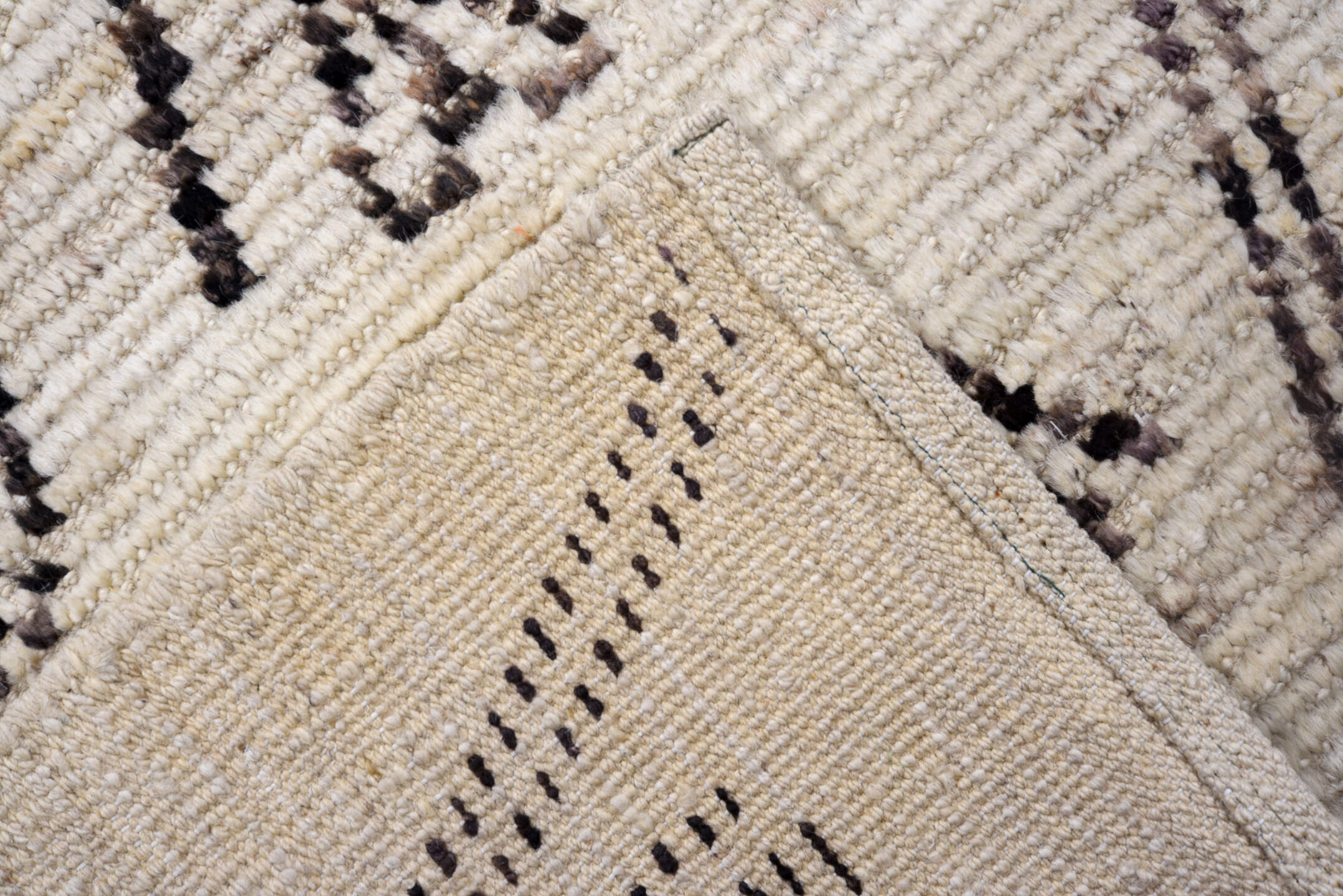 2' x 16' one-of-a-kind handmade vintage Tulu runner rug. Color palette: ivory, charcoal, taupe, gray, black, beige