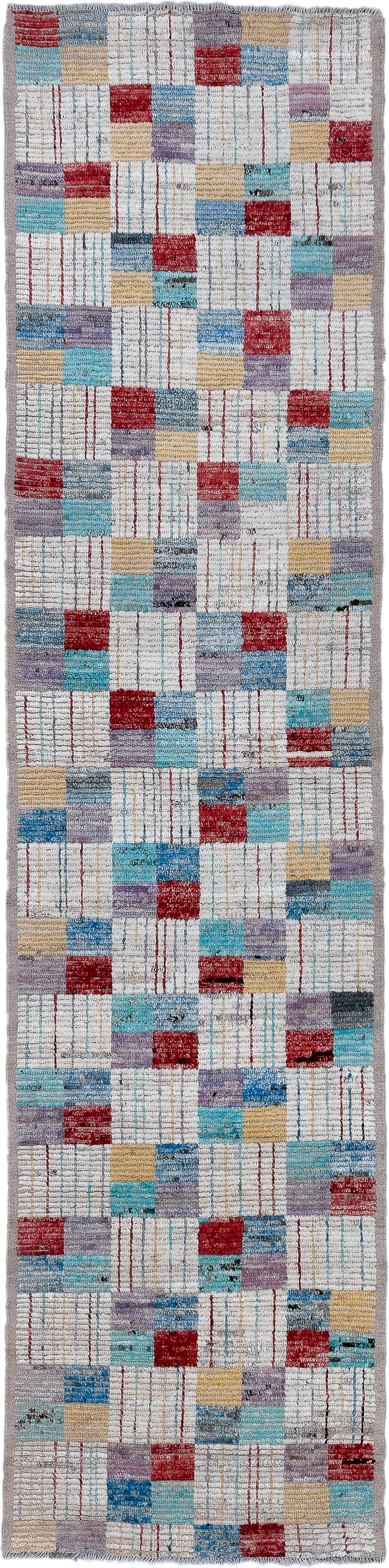 3' x 13' one-of-a-kind handmade vintage Tulu runner rug. Color palette: ivory, sky blue, crimson, lavender, pale gold, slate