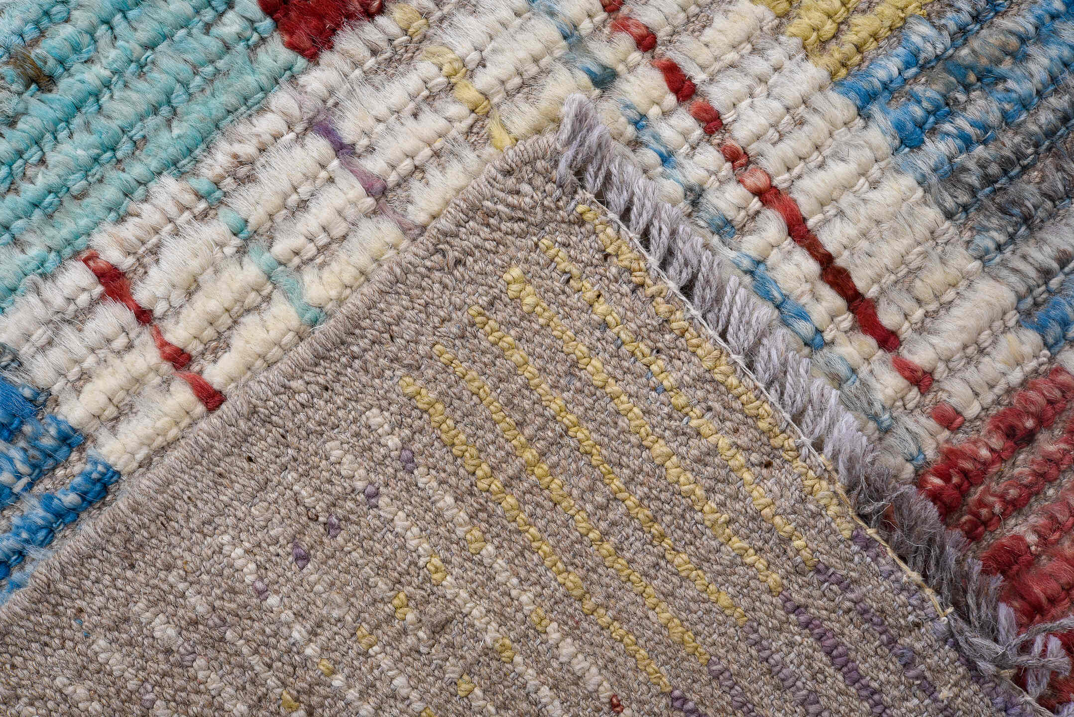 3' x 13' one-of-a-kind handmade vintage Tulu runner rug. Color palette: ivory, sky blue, crimson, lavender, pale gold, slate