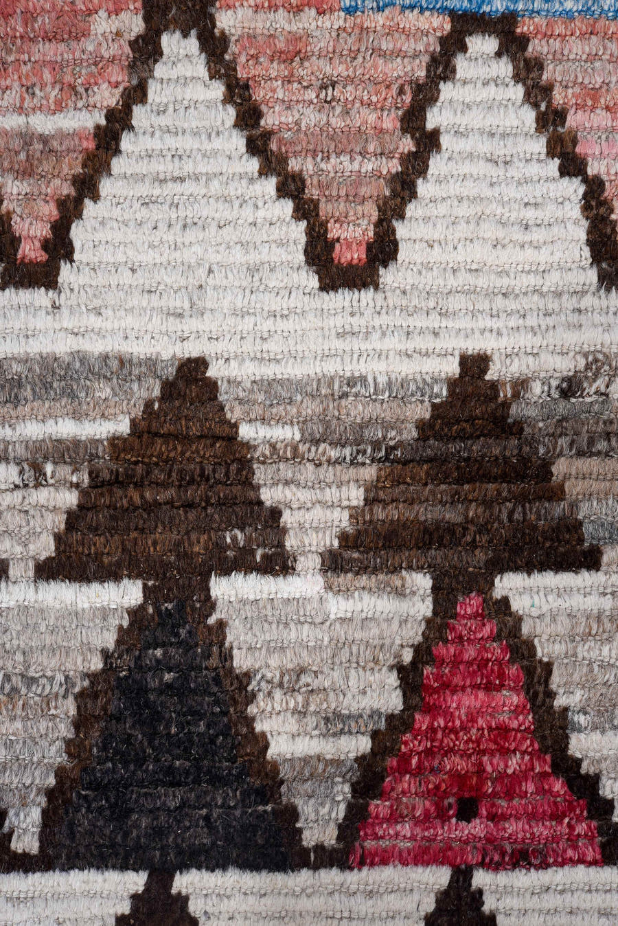 9' x 12' one-of-a-kind handmade vintage Tulu large size rug. Color palette: ivory, brown, rose, sky_blue, gray, black