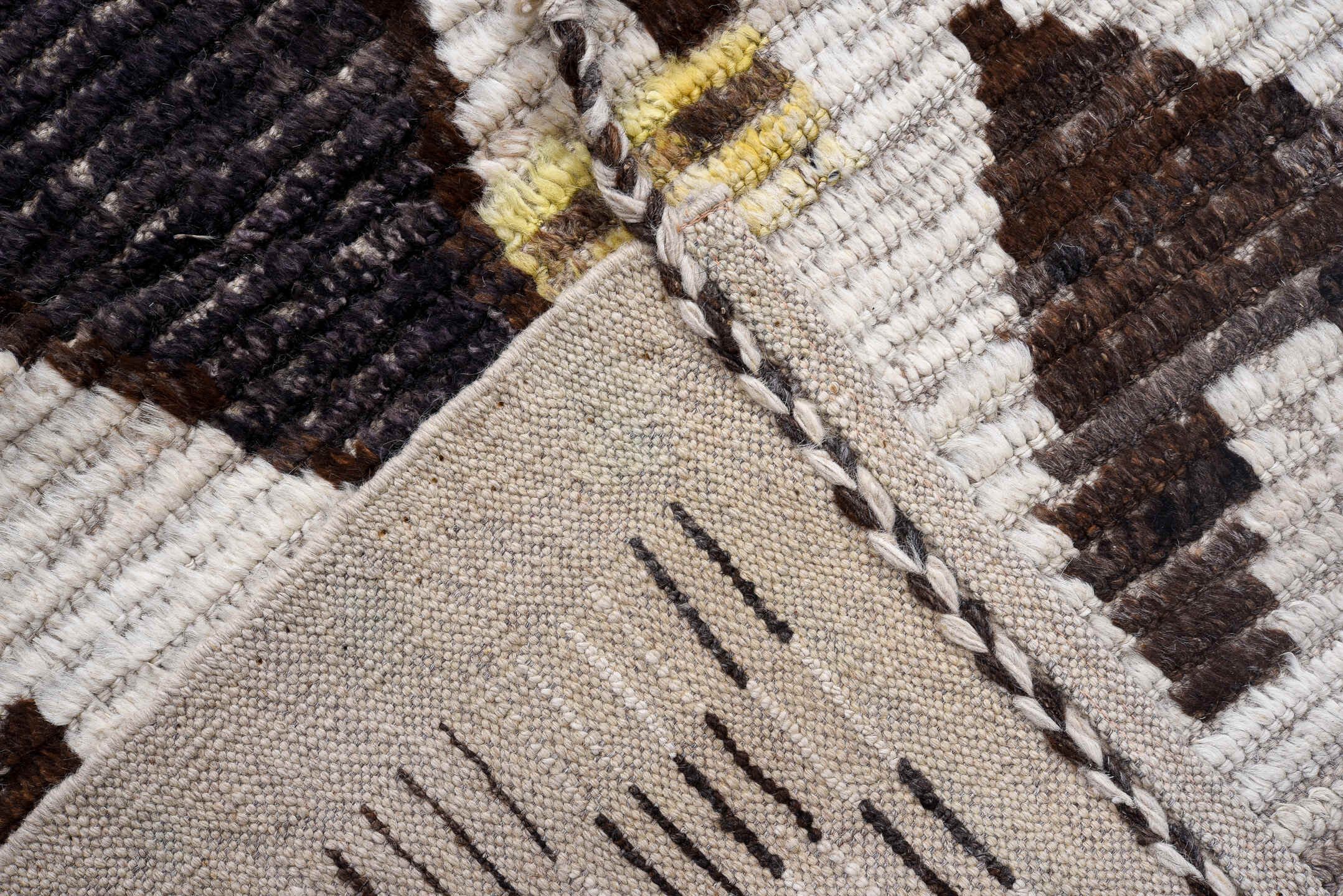 9' x 12' one-of-a-kind handmade vintage Tulu large size rug. Color palette: ivory, brown, rose, sky_blue, gray, black