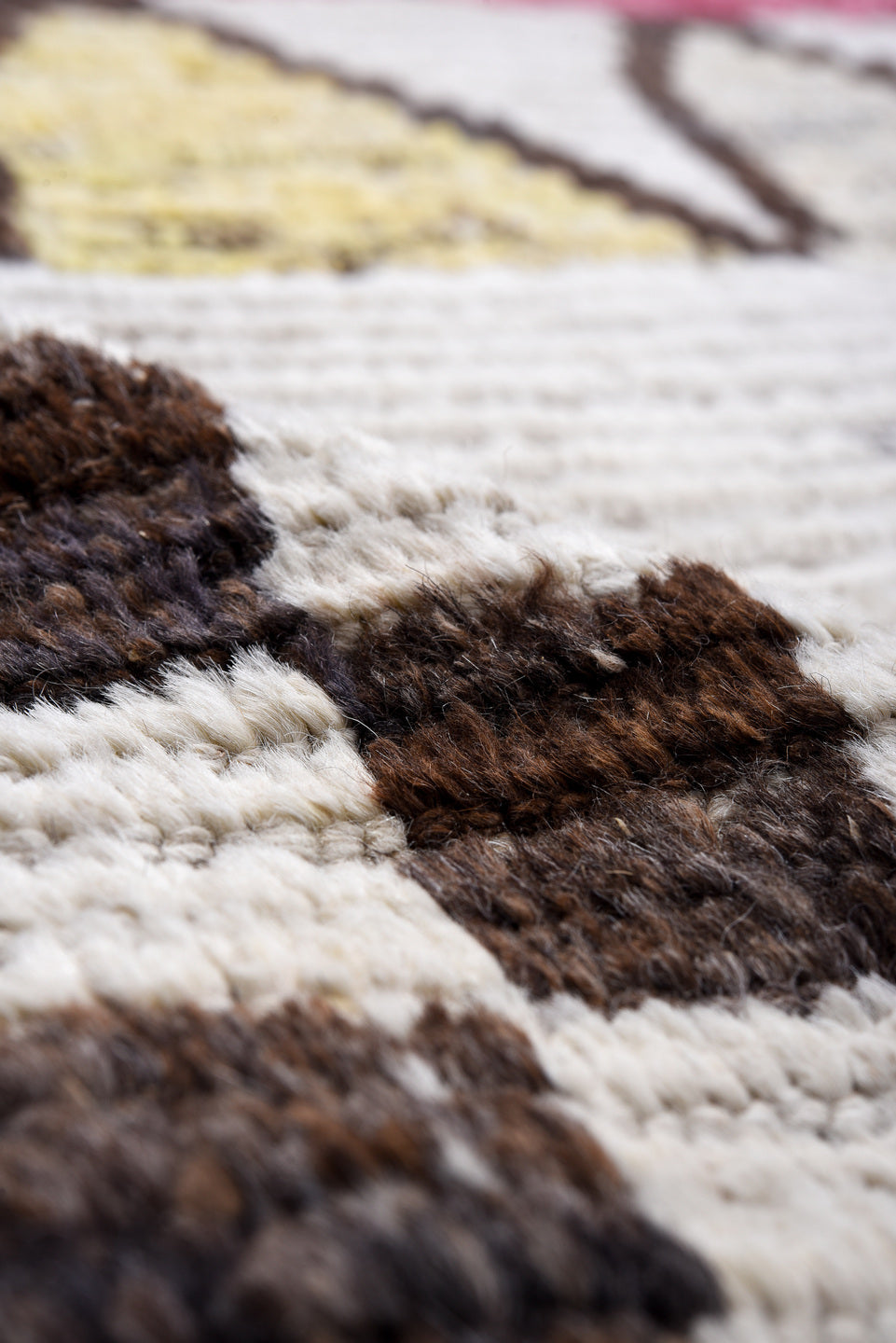 9' x 12' one-of-a-kind handmade vintage Tulu large size rug. Color palette: ivory, brown, rose, sky_blue, gray, black