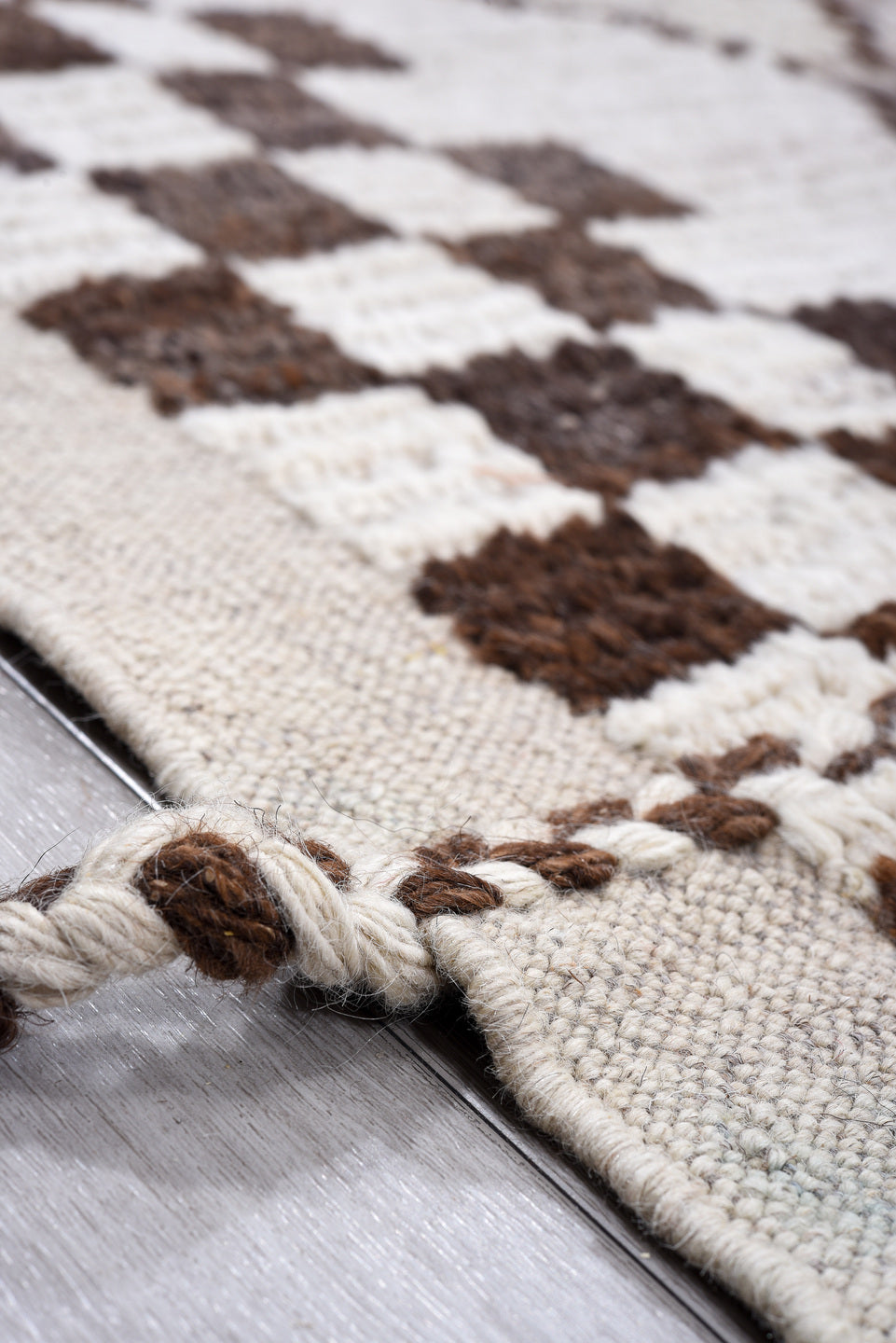 9' x 12' one-of-a-kind handmade vintage Tulu large size rug. Color palette: ivory, brown, rose, sky_blue, gray, black