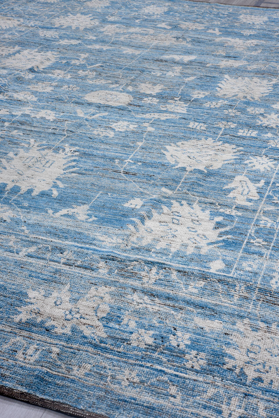 9' x 13' one-of-a-kind handmade vintage Tulu large size rug. Color palette: sky blue, ivory, slate, steel blue, cream