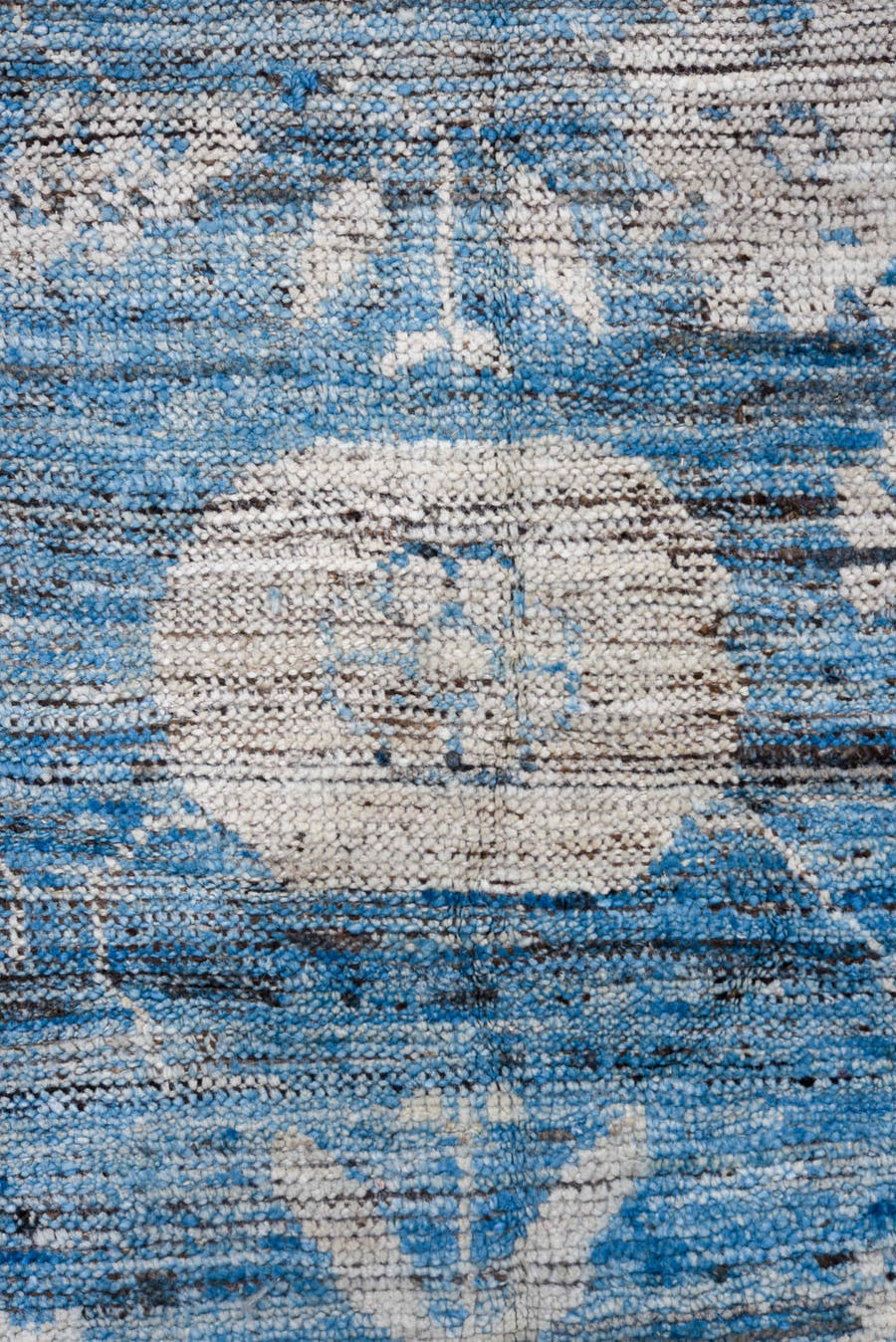 9' x 13' one-of-a-kind handmade vintage Tulu large size rug. Color palette: sky blue, ivory, slate, steel blue, cream
