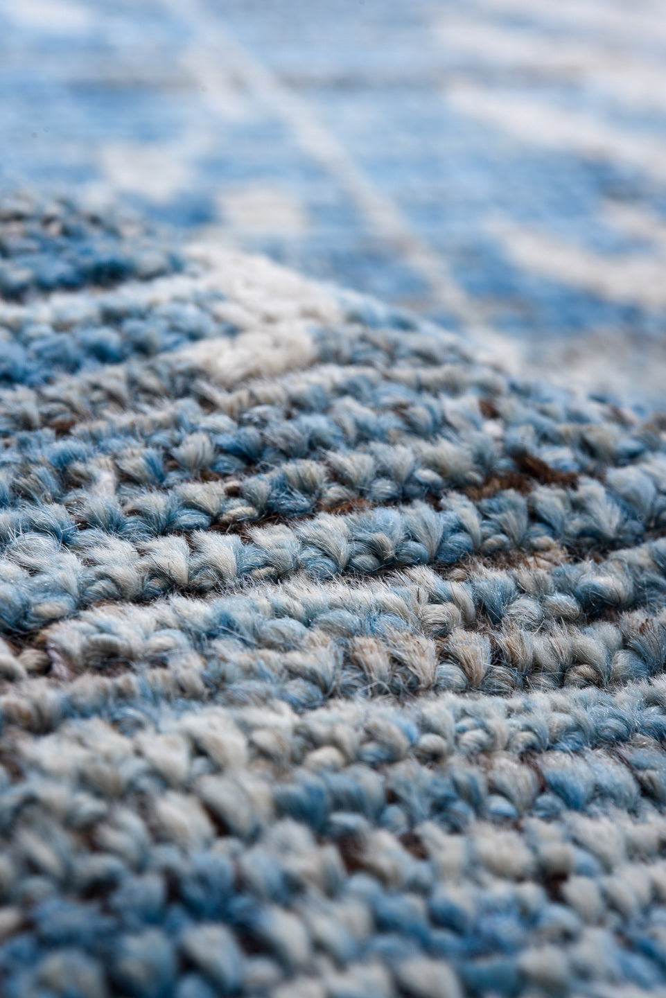 9' x 13' one-of-a-kind handmade vintage Tulu large size rug. Color palette: sky blue, ivory, slate, steel blue, cream