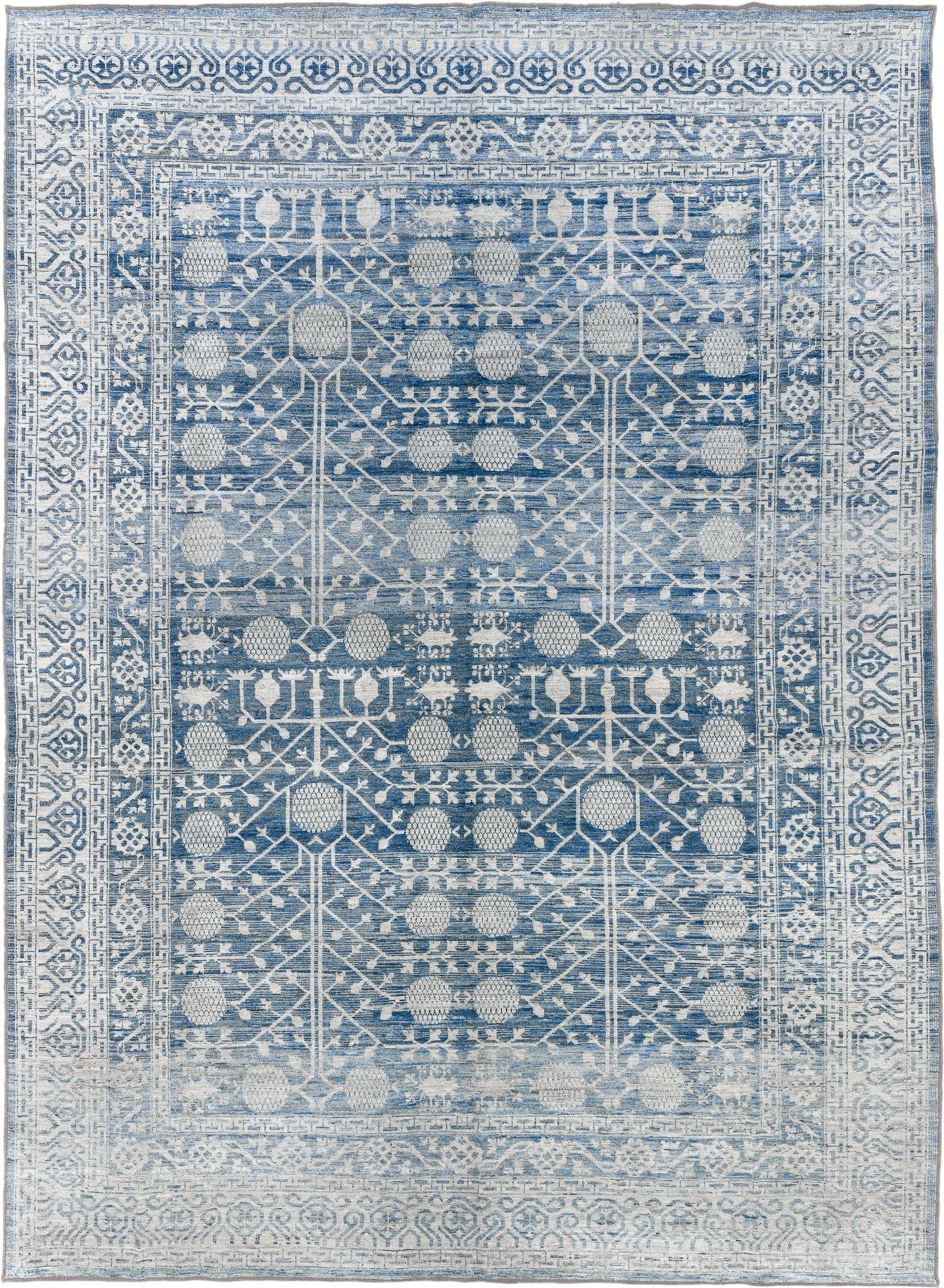 10' x 14' one-of-a-kind handmade vintage Tulu large size rug. Color palette: ivory, sky blue, slate blue, powder blue